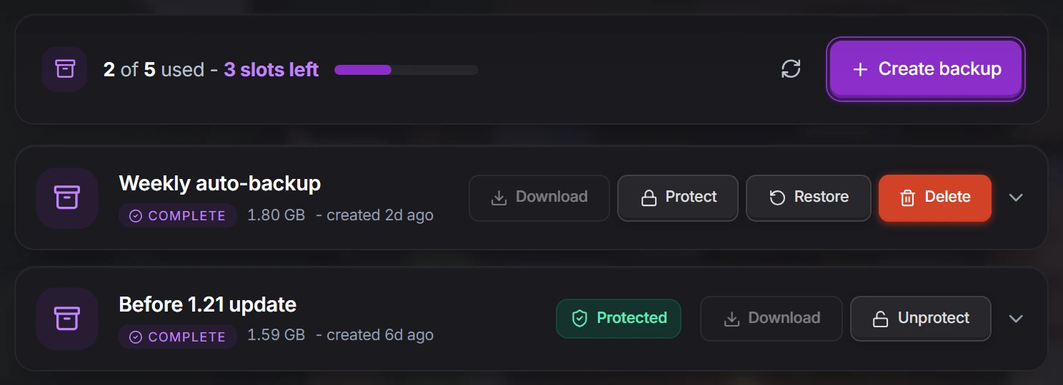 The Backups tab, with the Create backup button above the list of backups