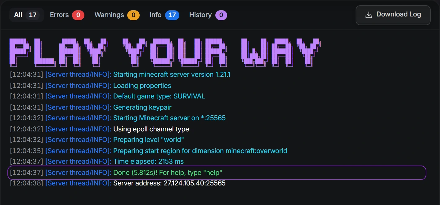 The console's Done line: the server has finished starting and players can join