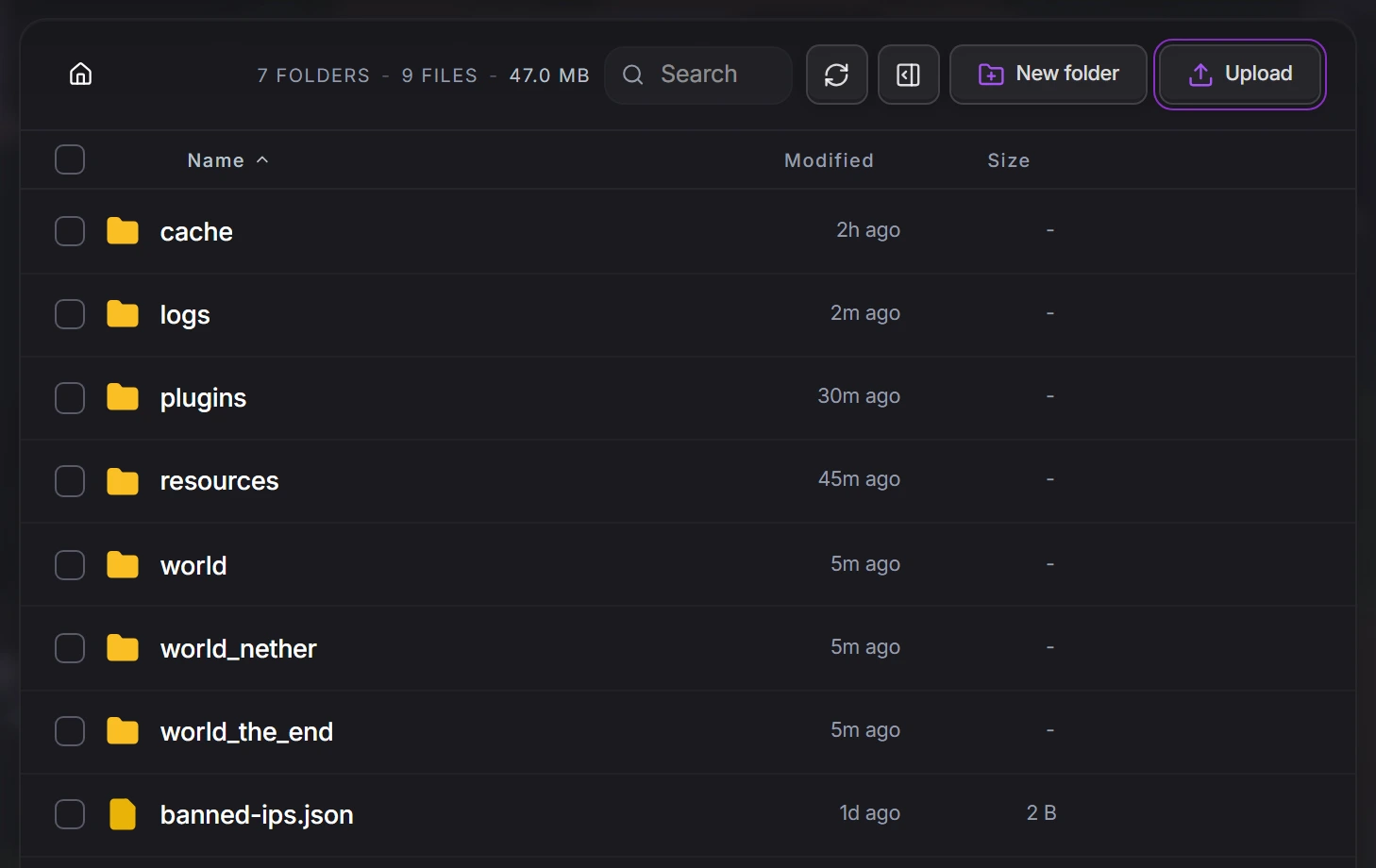 The File Manager with its Upload button highlighted