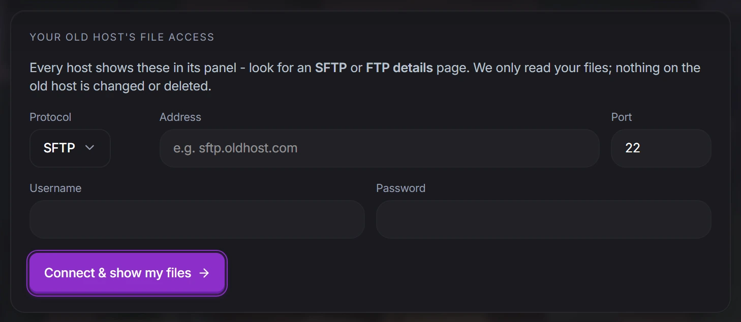 The Migrate tab's form for your old host's SFTP details, with the Connect & show my files button highlighted