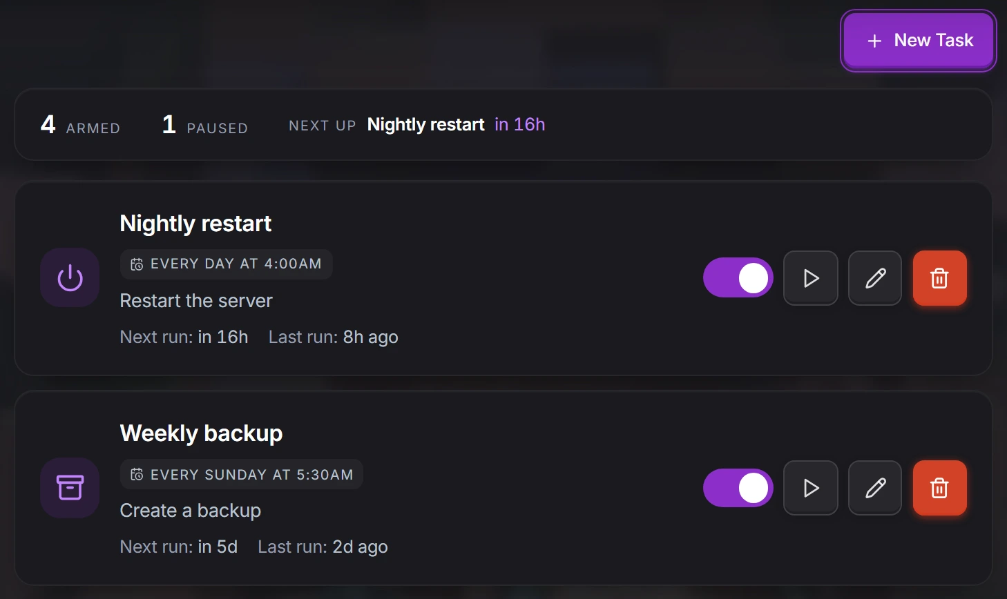 The Schedules tab: the New Task button above a daily restart task and a weekly backup task