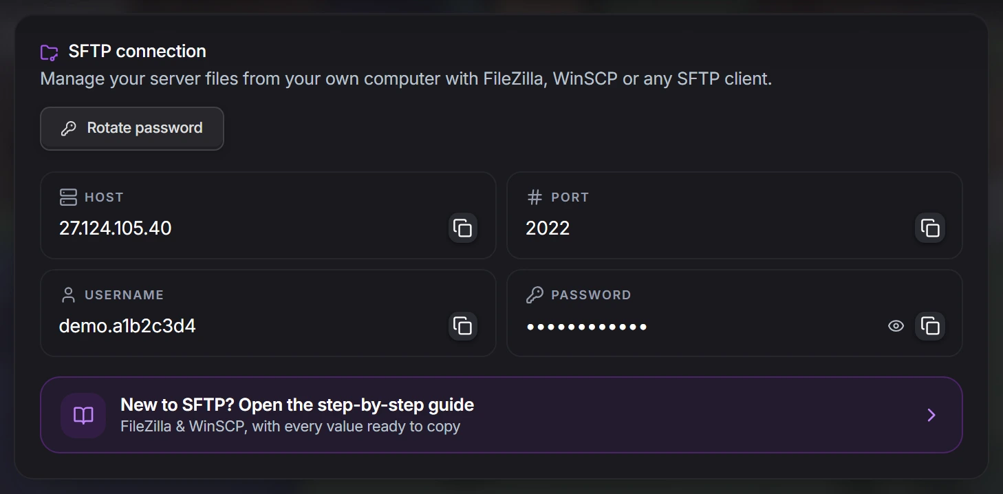 The SFTP connection card with the Host, Port, Username and hidden Password fields, each with a copy button