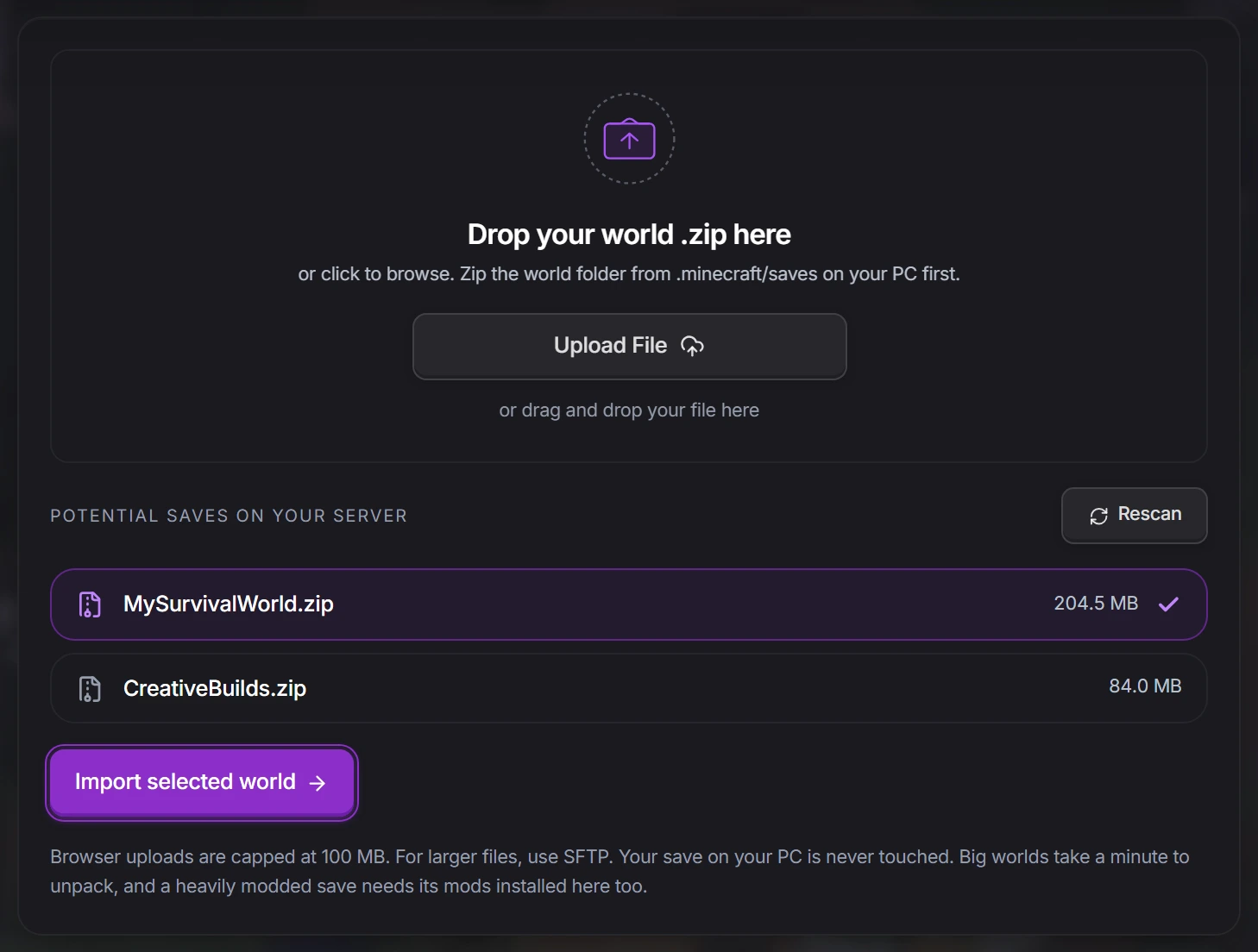 The World Import tab with a save selected and the Import selected world button highlighted